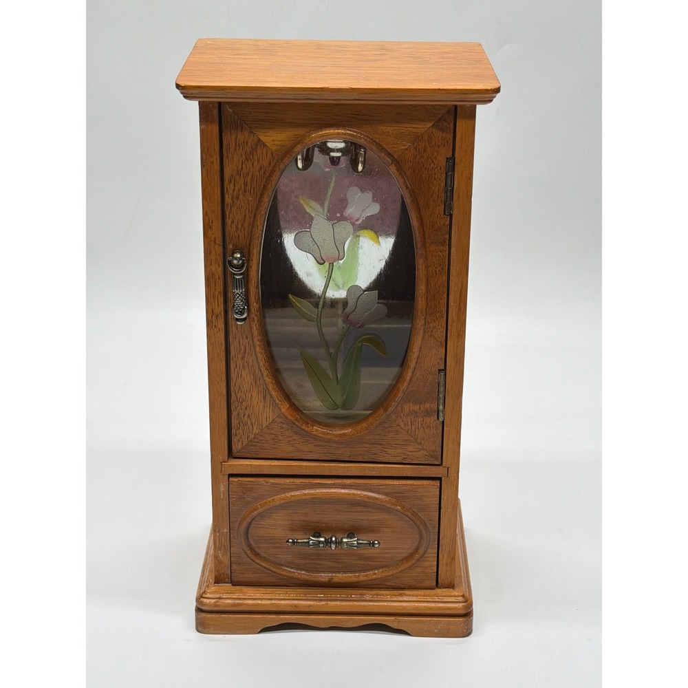 Vintage Wooden Jewelry Armoire Etched Floral Glass Door Necklace Carousel Box